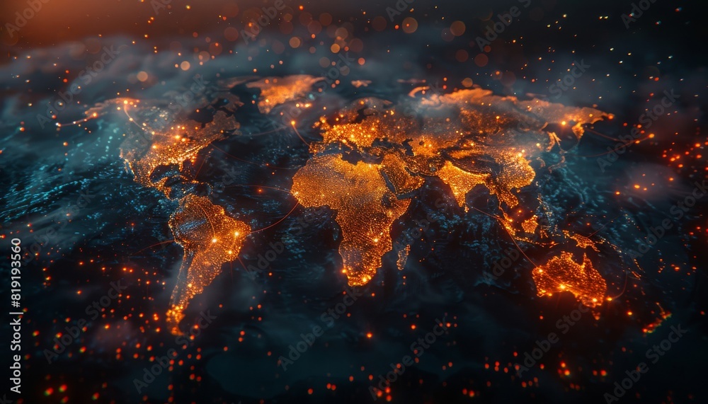 Poster Digital world map with glowing data connections and global business network concept on dark background, in the style of orange blue color theme, bokeh effect