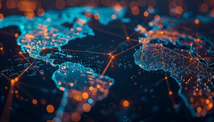 Digital world map with glowing data connections and global business network concept on dark background, in the style of orange blue color theme, bokeh effect