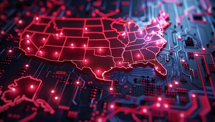 3D rendering of a map of the United States on a digital screen with glowing red lines and a blue circuit board background. Glowing data visualization charts concept
