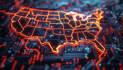 3D rendering of a map of the United States on a digital screen with glowing red lines and a blue circuit board background. Glowing data visualization charts concept