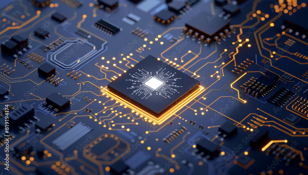Aufkleber the chip is located in the center of the circuit board, with a blue background and light effects. hi