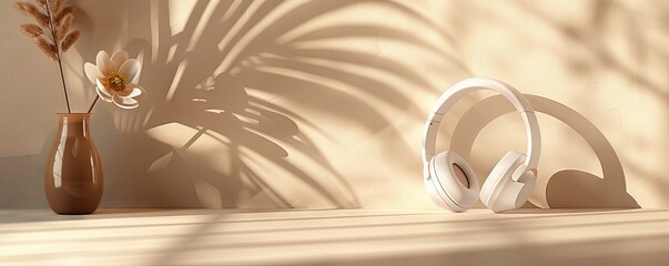 modern white headphones on a beige background with a flower in a vase, minimal concept. Concept for music and sound technology