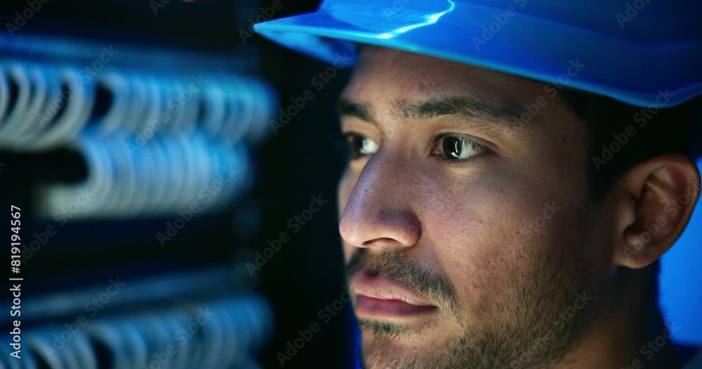 Fototapete Man, server room and cables for connection with information technology in night with helmet. Cybersecurity system, it network or person for fiber internet, data center and storage for problem solving