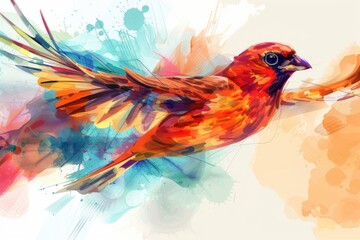 A vibrant painting of a bird flying through the air. Suitable for various design projects
