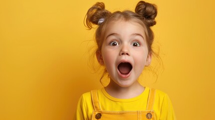 A young girl expressing surprise against a bright yellow backdrop. Suitable for various design projects
