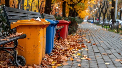 Assortment of recycling bins located in city park for eco-friendly material disposal