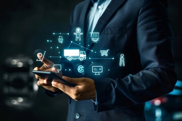 Online transportation service: blurry dark background with a Man in a suit with a tablet