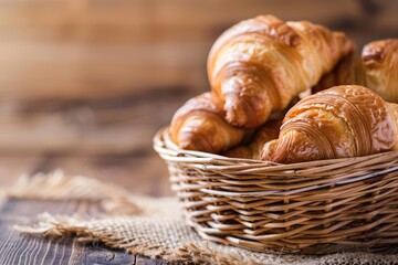 Fresh croissants in a basket: delicious baked goods up close on a fuzzy light brown background