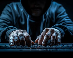 Hacker typing on a keyboard focus on realistic Silhouette dark room backdrop