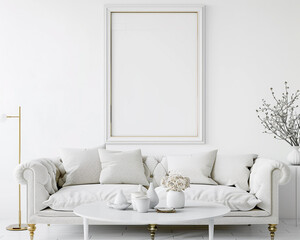 Elegant living room with one frame over a white wall, white tweed sofa, and minimalist white table.