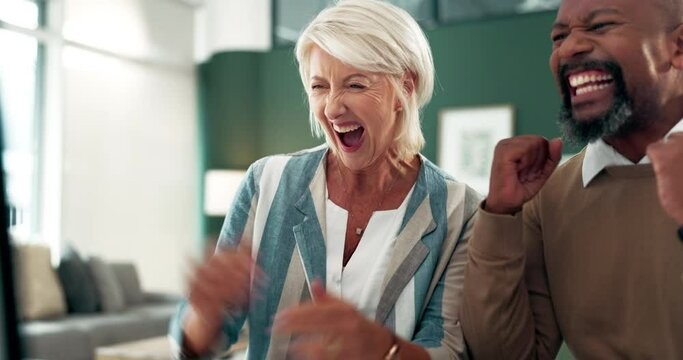 Computer, winning or excited business people with success, sales bonus or achievement in office. Clapping, happy and financial advisors with investment online for profit growth, goal or teamwork