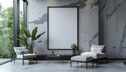 Minimalist monochrome living room with empty poster frame