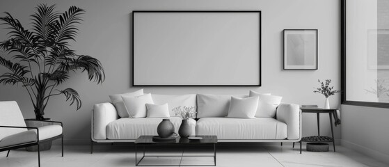 Sleek modern living room interior with blank canvas