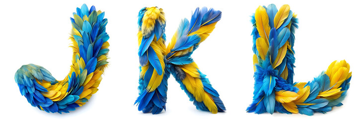 Obraz premium Letters J, K, L. Alphabet Made of Blue Macaw Feathers in Blue and Yellow Colors.