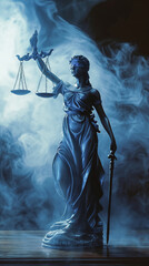 Lady Justice with scales and sword on a dark background with blue smoke with copy space. Legal and judicial concept