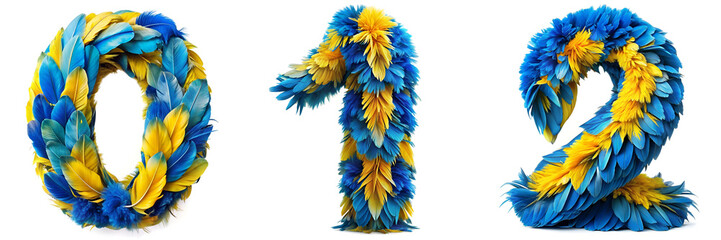 Obraz premium Numbers 0, 1, 2. Alphabet Made of Blue Macaw Feathers in Blue and Yellow Colors.