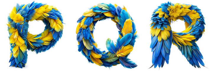 Fototapeta premium Letters P, Q, R. Alphabet Made of Blue Macaw Feathers in Blue and Yellow Colors.