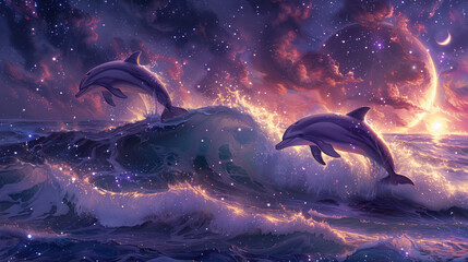 Fototapeta premium Illustration of dolphins jumping out of the water in front of an endless wave, with stars and moon above them. The background is purple galaxy