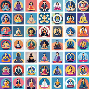 Colecci&oacute;n de 49 iconos y logos de meditaci&oacute;n, zen, feng-shui, chakras