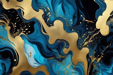Ink Abstract Gold Paint Background: Watercolor Stone Water, Luxury Liquid Texture Marble. Modern Abstract Ink Pattern with Ocean Glitter, Black Design, Blue Light Brush Over Sea and Sky.