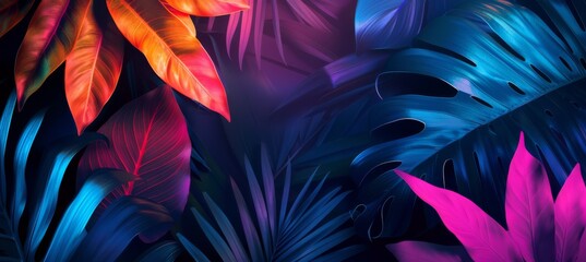 Neon jungle: Vivid tropical leaves in the background blurred 