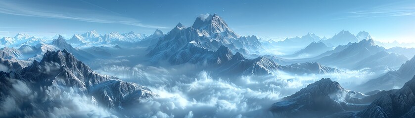 Panoramic mountain landscape. The peaks of the mountains are covered with snow. The sky is blue and cloudy. The sun is shining.