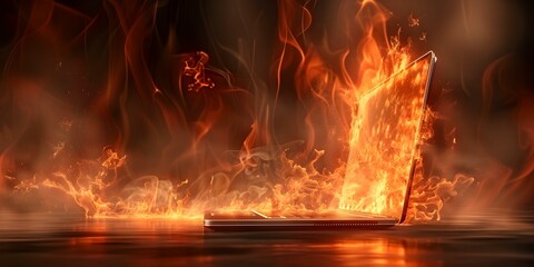 3D rendering of laptop on fire due to electrical overload. Concept 3D Rendering, Laptop on Fire, Electrical Overload