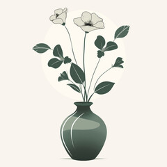 Green vase with flowers on white background, minimalism illustration