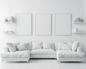 Modern design with three blank frames on a bright white wall, a white L-shaped sofa, and minimalist white floating shelves.