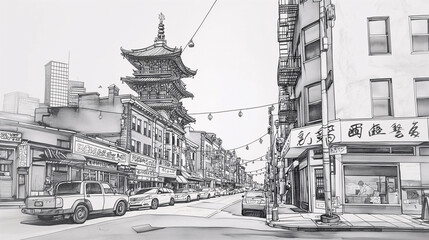 Chinese San Francisco, street view of chinatown with pagoda in the background, pencil drawing, simple lines, black and white, high contrast, urban sketching style, street life scenes, drawing on paper