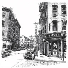 black ink drawing of an old New York City's Asian quarter, buildings with signs and carvings, cobblestone street, vintage cars parked on the side, highly detailed,