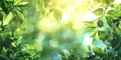 Spring background with blurred green leaves and sunlight in nature for environmental concept.