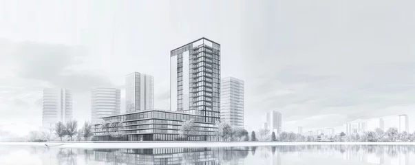 High rise corporate building flat design front view architectural theme water color black and white