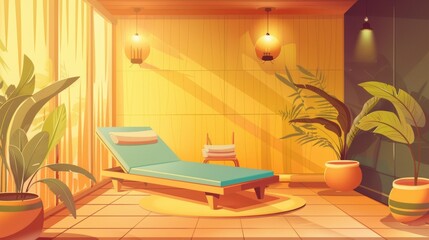 Holistic spa therapy room flat design side view relaxation techniques theme cartoon drawing Tetradic color scheme