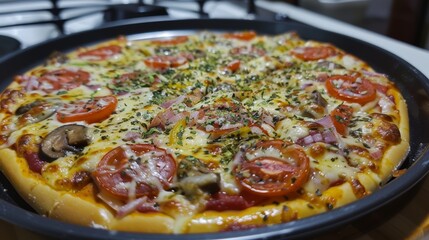 Homemade pizza with assorted toppings and melted cheese.