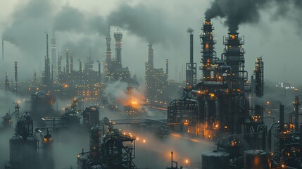 A dark and foggy industrial landscape. The air is thick with smoke and pollution. The only light comes from the few flickering lights of the factory buildings.