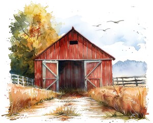 Aquarelle painting of a weathered red barn with open doors in an autumn field.