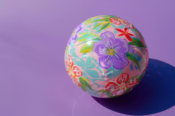 colorful inflatable beach ball with floral design on purple background