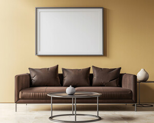 Single blank frame, light mustard wall, chocolate brown sofa, contemporary metal table; high-definition 3D.