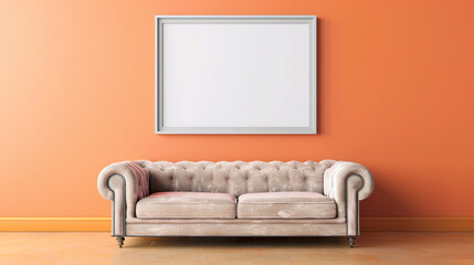 Single blank frame on a pastel orange wall with a velvet sofa, realistic 3D view.