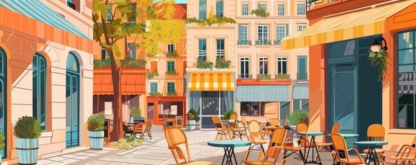 Paris street cafe scene flat design top view European charm theme cartoon drawing Complementary Color Scheme