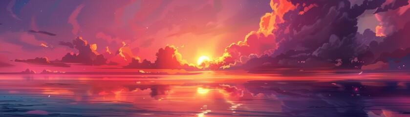 Tranquil Haven: Scenic Sunset Embraces the Calm Ocean