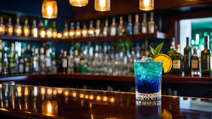 a blue drink is on a bar with a lemon on the counter.