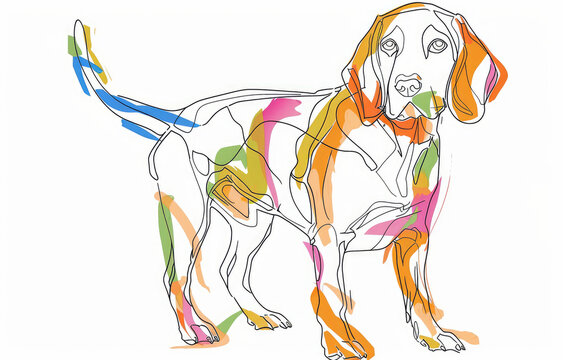 recommend clip art: A drawing of Beagle showing the full body, in one line drawing, figure outline only, single line, simple, in the style of one line, single line drawing, black line on white background, colorful, no