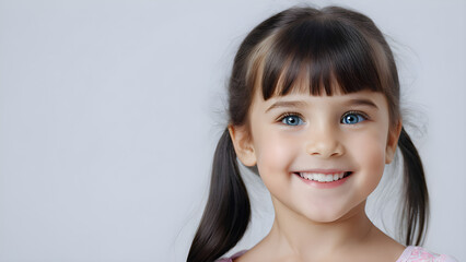 white background, copy space. a little girl with a smile that says  the name  on the side.