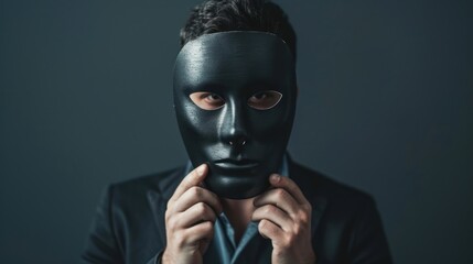 Man in Suit Holding Black Mask - A man in a suit holding a black mask to his face, exuding a sense of mystery and intrigue, with a dark background.
