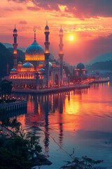 Fototapeta premium Islamic mosque and minarets against a sunset sky.