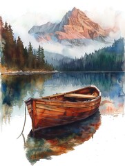 Create a watercolor painting of a boat on a lake with a mountain backdrop