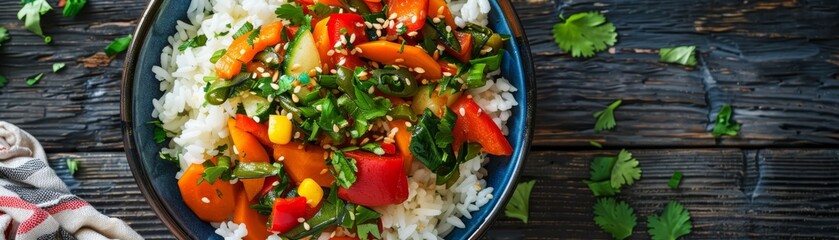 Bowl of colorful vegetable stir-fry with rice.