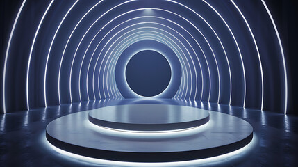 Obraz premium Floating Light Rings Podium: Sleek Metallic Podium with Light Rings